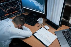 Psychological health conception. Modern anxiety and stress. Man working online in the office with multiple computer screens in index charts photo