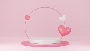 podio de cilindro blanco vacío con círculo rosa, 3 globos de corazones en arco y fondo de espacio de copia. interior de san valentín con pedestal. espacio de maqueta para mostrar el producto. representación 3d foto