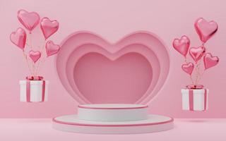 Empty white cylinder podium with pink border, gift boxes, hearts balloons on arch and curtain background. Valentine's Day interior with pedestal. Mockup space for display of product design. 3d render. photo