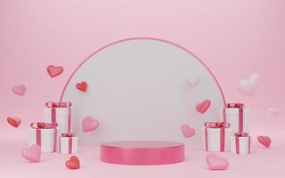 Empty pink and white cylinder podium with border, hearts balloons, gift boxes on arch and curtain background. Valentine's Day interior with pedestal. Mockup space for display of product. 3d rendering. photo