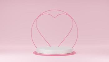 Empty white cylinder podium with pink border, hearts, circle on arch and copy space background. Valentine's Day interior with pedestal. Mockup space for display of product. 3d rendering. photo
