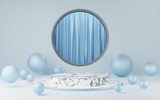 Empty white marble cylinder podium with blue border, striped, ball on gray circle arch and curtain background. 3d geometric shape object. Pedestal mockup space for display. 3d rendering. photo