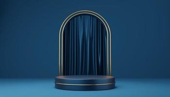 Empty blue cylinder podium and gold circle on blue arch and curtain background. Abstract minimal studio 3d geometric shape object. Mockup space for display of product design. 3d rendering. photo