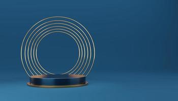 Empty blue cylinder podium with gold border and gold circle on blue background. Abstract minimal studio 3d geometric shape object. Mockup space for display of product design. 3d rendering. photo