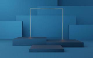 Empty blue cube podium with gold border and gold square on blue box background. Abstract minimal studio 3d geometric shape object. Mockup space for display of product design. 3d rendering. photo