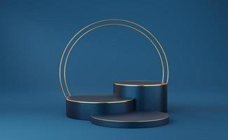 Empty blue cylinder podium with gold border and 2 gold circle on blue background. Abstract minimal studio 3d geometric shape object. Mockup space for display of product design. 3d rendering. photo