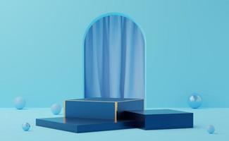 Empty blue cube podium with gold border and ball on arch and blue curtain background. Abstract minimal studio 3d geometric shape object. Mockup space for display of product design. 3d rendering. photo