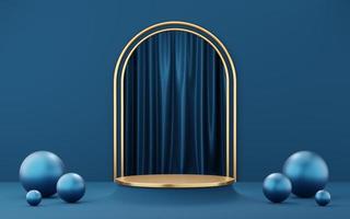 Empty gold cylinder podium with blue ball on arch pipe and curtain background. Abstract minimal studio 3d geometric shape object. Pedestal mockup space for display of product design. 3d rendering. photo