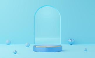 Empty blue cylinder podium and ball on arch blue background. Abstract minimal studio 3d geometric shape object. Mockup space for display of product design. 3d rendering. photo