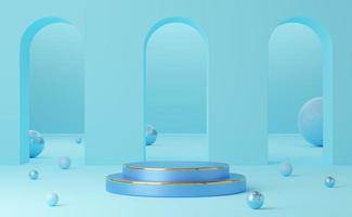Empty blue cylinder podium with gold border and ball on arch blue background. Abstract minimal studio 3d geometric shape object. Mockup space for display of product design. 3d rendering. photo