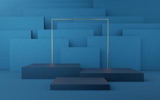 Empty blue cube podium with gold border and gold square on blue box background. Abstract minimal studio 3d geometric shape object. Mockup space for display of product design. 3d rendering. photo