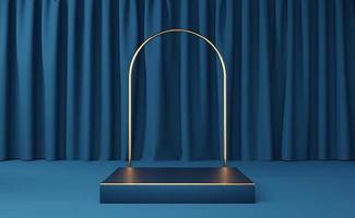 Empty blue cube podium with gold border and gold arch on blue curtain background. Abstract minimal studio 3d geometric shape object. Mockup space for display of product design. 3d rendering. photo