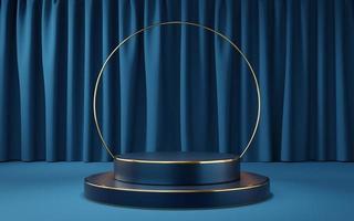 Empty blue cylinder podium with gold border and gold circle on blue curtain background. Abstract minimal studio 3d geometric shape object. Mockup space for display of product design. 3d rendering. photo