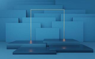 Empty blue cube podium with gold border and gold square on blue box background. Abstract minimal studio 3d geometric shape object. Mockup space for display of product design. 3d rendering. photo