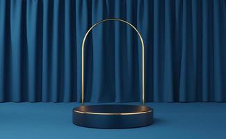 Empty blue cylinder podium with gold border and gold arch on blue curtain background. Abstract minimal studio 3d geometric shape object. Mockup space for display of product design. 3d rendering. photo