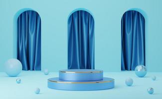 Empty blue cylinder podium with gold border and ball on arch and blue curtain background. Abstract minimal studio 3d geometric shape object. Mockup space for display of product design. 3d rendering. photo