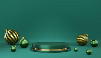 Empty green and gold cylinder podium with christmas ornaments on green background. Abstract minimal studio 3d geometric for Christmas. Mockup for Merry Christmas. 3d rendering. photo