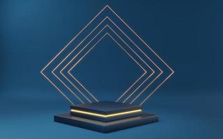 Empty blue cube podium with gold neon and gold square on blue background. Abstract minimal studio 3d geometric shape object. Mockup space for display of product design. 3d rendering. photo