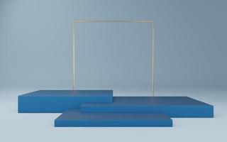 Empty blue cube podium and gold square on blue background. Abstract minimal studio 3d geometric shape object. Mockup space for display of product design. 3d rendering. photo