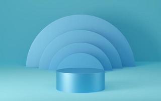 Empty blue cylinder podium on blue background. Abstract minimal studio 3d geometric shape object. Mockup space for display of product design. 3d rendering. photo