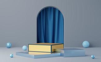 Empty yellow cube podium with blue border and ball on gray arch and blue curtain background. Abstract minimal studio 3d geometric shape object. Mockup space for display of product design. 3d render. photo