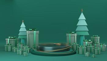 Empty green and gold cylinder podium with green gift box, pine trees and star on green background. Abstract minimal studio 3d geometric for Christmas. Mockup for Merry Christmas. 3d rendering.