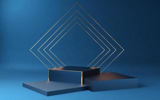 Empty blue cube podium with gold border  and gold square on blue background. Abstract minimal studio 3d geometric shape object. Mockup space for display of product design. 3d rendering. photo