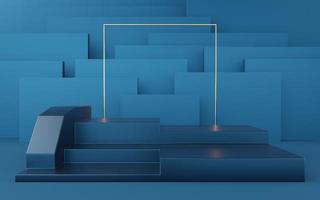 Empty blue cube podium and gold square on blue box background. Abstract minimal studio 3d geometric shape object. Mockup space for display of product design. 3d rendering. photo