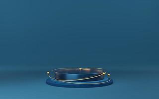 Empty blue cylinder podium and gold circle and ball on blue background. Abstract minimal studio 3d geometric shape object. Mockup space for display of product design. 3d rendering. photo