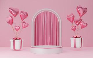 Empty white cylinder podium with pink border, gift boxes, hearts balloons on arch and curtain background. Valentine's Day interior with pedestal. Mockup space for display of product design. 3d render. photo