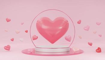 Empty white cylinder podium with pink border, hearts balloons, circle on arch and copy space background. Valentine's Day interior with pedestal. Mockup space for display of product. 3d rendering. photo