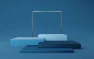 Empty blue cube podium and gold square on blue background. Abstract minimal studio 3d geometric shape object. Mockup space for display of product design. 3d rendering. photo