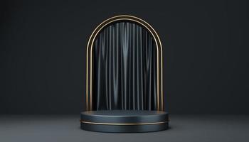 Empty gray cylinder podium and gold circle on black arch and curtain background. Abstract minimal studio 3d geometric shape object. Pedestal mockup space for display of product design. 3d rendering. photo