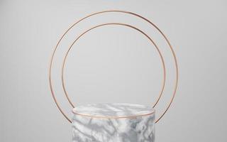 Empty white marble cylinder podium with gold border and copper circle on gray background. Abstract minimal studio 3d geometric shape object. Mockup space for display of product design. 3d rendering. photo