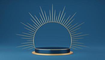 Empty blue cylinder podium with gold border and spiked halo circle on blue background. Abstract minimal studio 3d geometric shape object. Pedestal mockup space for luxury display. 3d rendering. photo