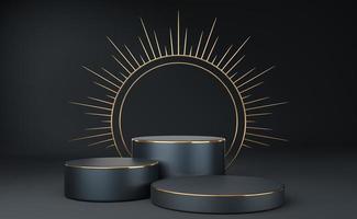 3 Empty gray cylinder podium with gold border and spiked halo circle on black background. Abstract minimal studio 3d geometric shape object. Pedestal mockup space for luxury display. 3d rendering. photo