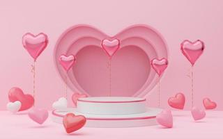 Empty white cylinder podium with pink border, hearts balloons on arch and curtain background. Valentine's Day interior with pedestal. Mockup space for display of product design. 3d render. photo