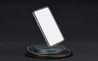 teléfono móvil plateado sobre podio de cilindro gris y círculo dorado y bola sobre fondo negro. estudio mínimo con pantalla blanca en blanco. maqueta de pedestal para smartphone moderno. representación 3d foto