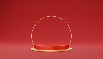 Empty red cylinder podium with gold border and gold circle on red background. Abstract minimal studio 3d geometric shape object. Pedestal mockup space for display of product design. 3d rendering. photo