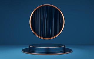 Empty blue cylinder podium with copper border on gold circle arch, curtain background. Abstract minimal studio 3d geometric shape object. Pedestal mockup space for display of product design. 3d render photo