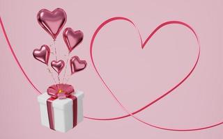 Copy space of Valentine's Day. Pink ribbon hearts with gift boxes, hearts balloons on pink background. Making love greeting cards. Mockup space for display of product design. 3d rendering. photo