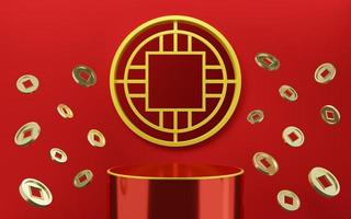 Empty red cylinder podium with gold border and coin on circle arch red background. Abstract minimal studio 3d geometric shape object. Pedestal mockup space for display of product design. 3d rendering. photo