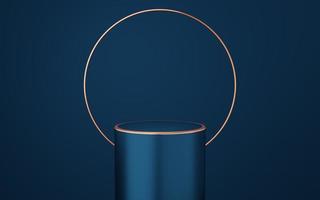 Empty blue cylinder podium with gold border and copper circle on blue background. Abstract minimal studio 3d geometric shape object. Mockup space for display of product design. 3d rendering. photo