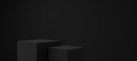 Empty black cube podium floating on black copy space background. Abstract minimal studio 3d geometric shape object. Monotone pedestal mockup space for display of product design. 3d rendering. photo