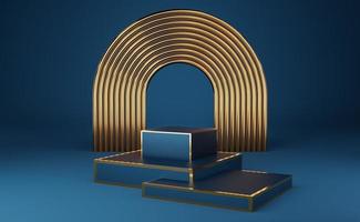 Empty blue cube podium with gold border and gold arch on blue background. Abstract minimal studio 3d geometric shape object. Mockup space for display of product design. 3d rendering photo