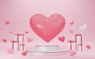 Empty white cylinder podium with pink border, hearts balloons, gift boxes on arch and curtain background. Valentine's Day interior with pedestal. Mockup space for display of product. 3d rendering. photo