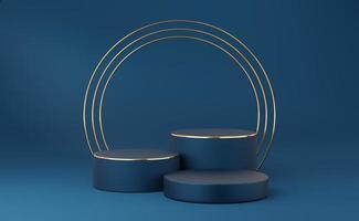 Empty blue cylinder podium with gold border and 3 gold circle on blue background. Abstract minimal studio 3d geometric shape object. Mockup space for display of product design. 3d rendering. photo
