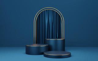 3 Empty blue cylinder podium with gold border on blue arch and curtain background. Abstract minimal studio 3d geometric shape object. Mockup space for display of product design. 3d rendering. photo