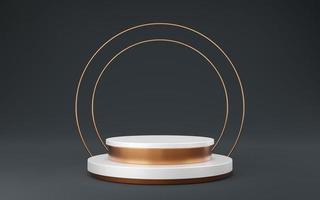 Empty white and gold cylinder podium with 2 copper circle on gray background. Abstract minimal studio 3d geometric shape object. Mockup space for display of product design. 3d rendering. photo