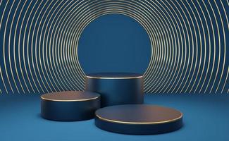 Empty blue cylinder podium with gold border and gold circle on blue background. Abstract minimal studio 3d geometric shape object. Mockup space for display of product design. 3d rendering. photo